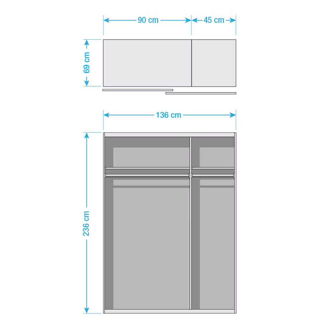 Dressing cu 2 uși glisante cu oglindă alb lucios, 137 cm lățime, 236 cm înălțime, compartimentare premium cu rafturi, design modern pentru dormitor