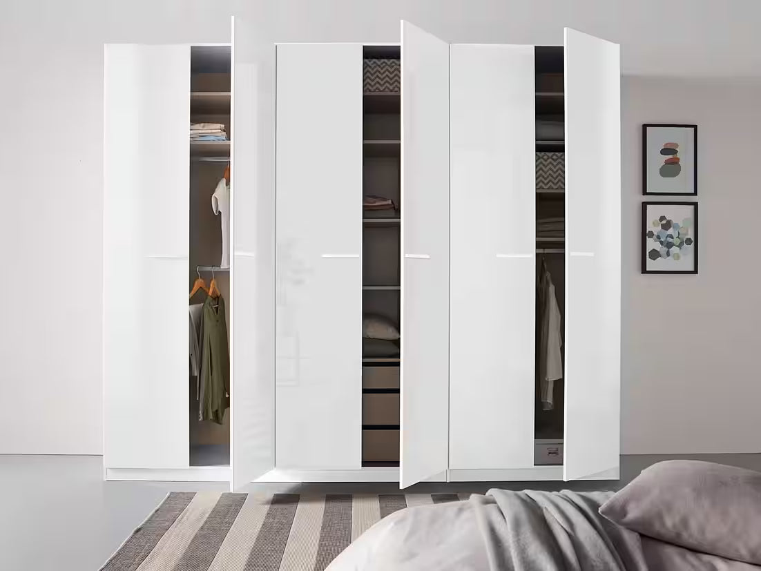 Dulap 271 cm lățime, 6 uși batante, compartimentare premium cu 11 rafturi, culoare alb lucios, material PAL, 229 cm înălțime, design modern pentru dormitor