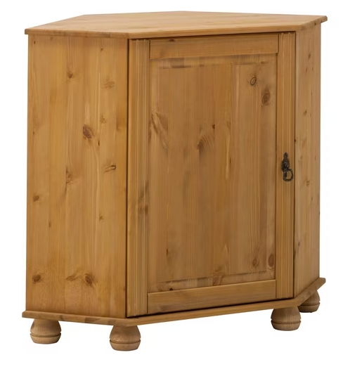 Comodă de colț din lemn masiv pin 90 cm cu ușă și raft, finisaj natural ceruit și mânere alamă antică, design rustic pentru living sau hol, înălțime 80 cm