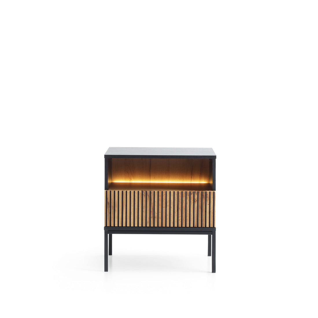 Noptieră modernă 54 cm cu sertar și compartiment deschis, LED și sistem push-to-open, MDF, finisaj negru mat cu stejar ELYSÉE