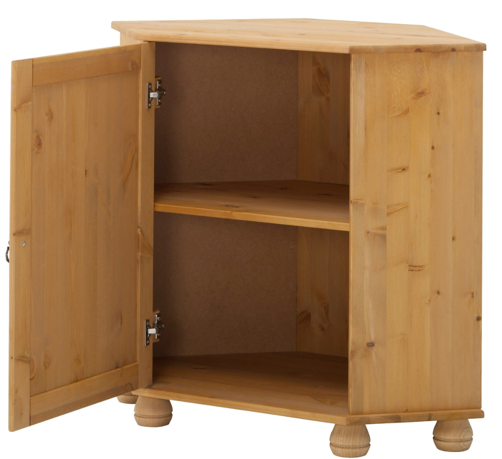 Comodă de colț din lemn masiv pin 90 cm cu ușă și raft, finisaj natural ceruit și mânere alamă antică, design rustic pentru living sau hol, înălțime 80 cm