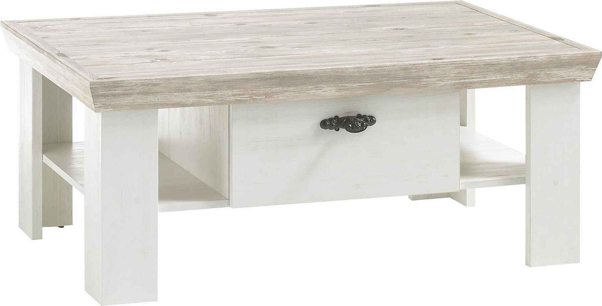 Masuta de cafea dreptunghiulara cu sertar, MDF, culoare alb-maro deschis, 109 cm, design modern cu spatiu de depozitare si manere negre elegante