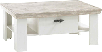 Masuta de cafea dreptunghiulara cu sertar, MDF, culoare alb-maro deschis, 109 cm, design modern cu spatiu de depozitare si manere negre elegante