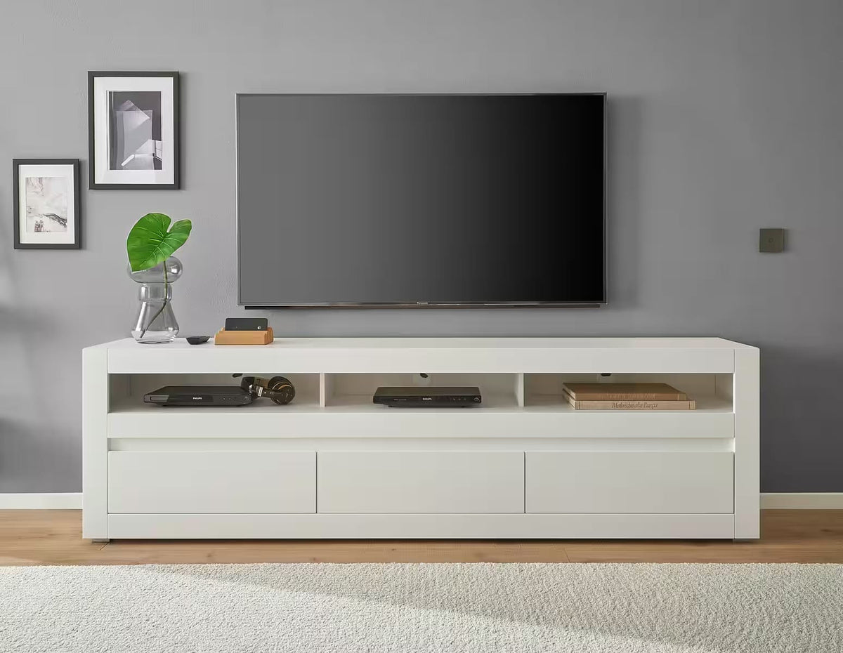 Comodă TV albă 217 cm cu 3 sertare și compartimente, fronturi MDF, design modern pentru living