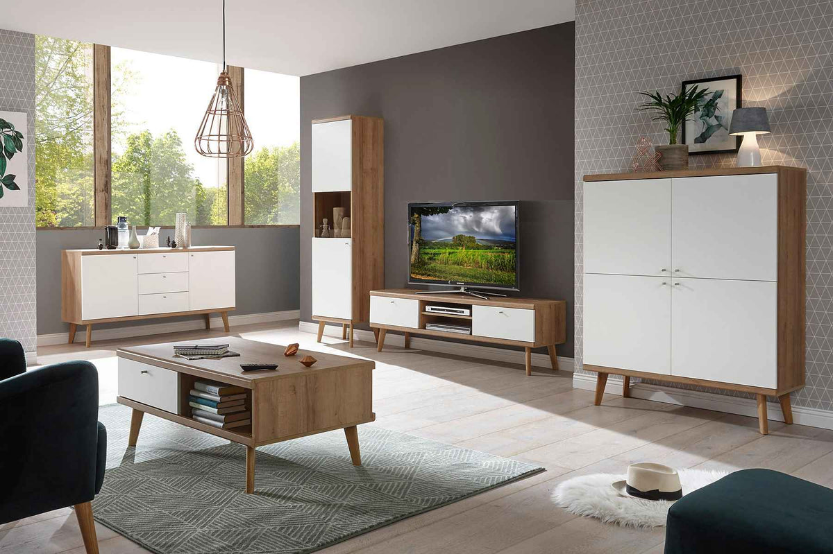 Vitrină modernă 197 cm, culoare alb-maro, 1 ușă și 4 rafturi, 5 compartimente, design înalt și elegant pentru depozitare eficientă și expunere în living