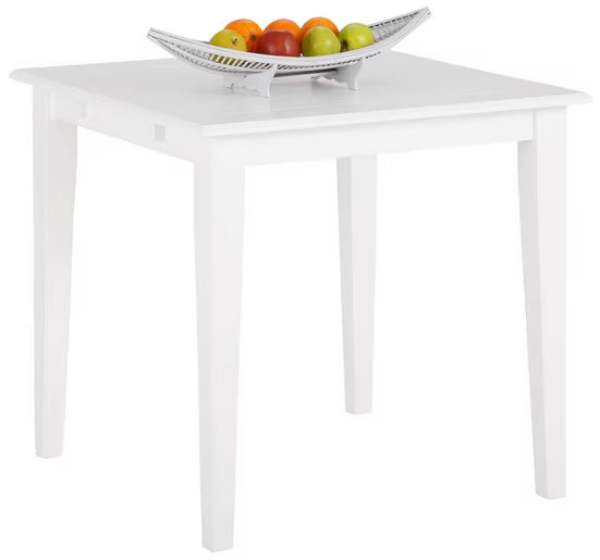 Masă dining 80x80 cm, alb, blat MDF 2 cm, cadru lemn masiv de pin, 4 picioare, înălțime 76 cm, design modern pentru bucătărie sau living