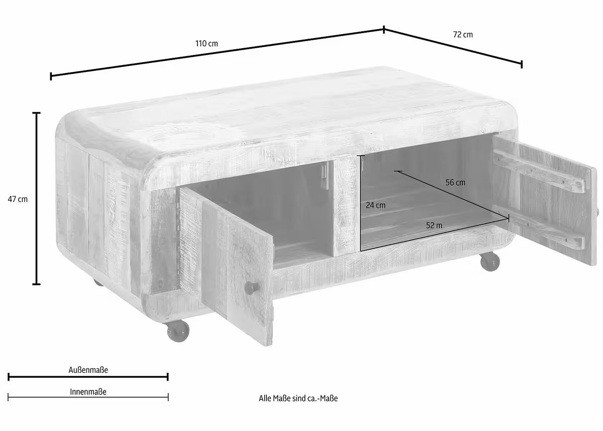 Măsuță de cafea vintage cu rotile, material lemn masiv de mango, 110 cm lungime