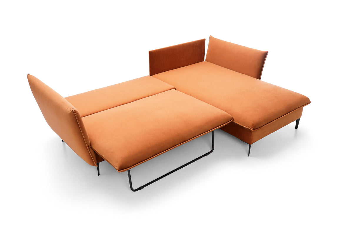 Colțar extensibil modern cu ladă de depozitare pentru living 258 cm, tapițat în material catifelat, picioare metalice negre și extensie 140x220 cm, design elegant contemporan ISALDA