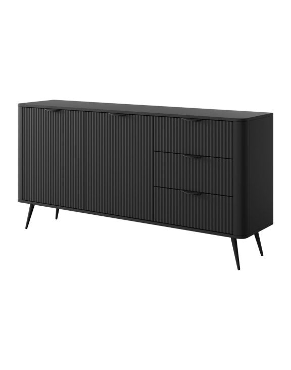 Comodă grafit negru 163 cm cu 2 uși și 3 sertare, fronturi riflate și design modern minimalist pentru living sau dormitor, înălțime 81 cm SERENA