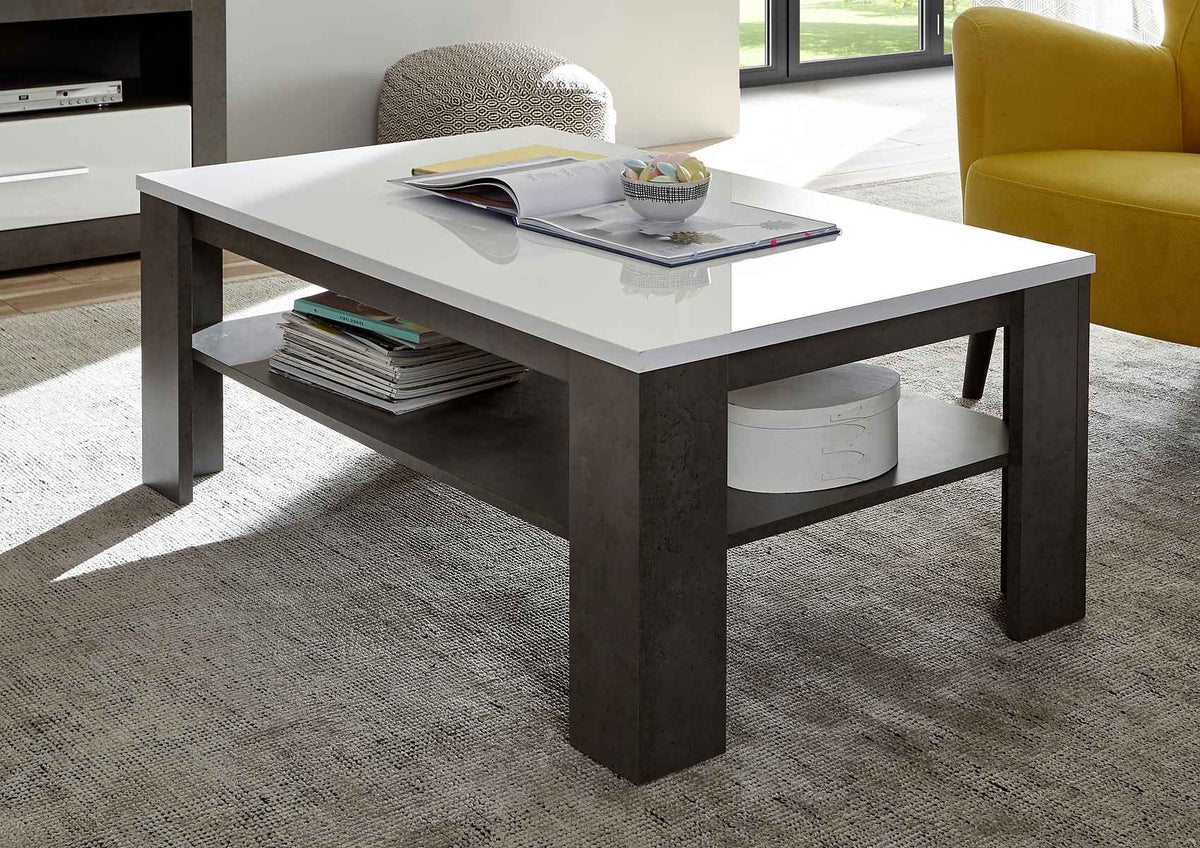 Masuta de cafea dreptunghiulara cu raft inferior, MDF, culoare alb-negru, 118 cm, design modern si contrast elegant pentru living contemporan