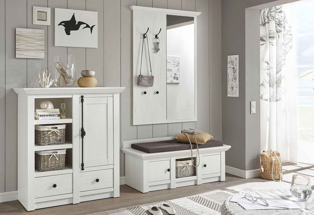 Cuier 105 cm, cu oglindă, 2 cârlige, culoare alb, MDF și sticlă, design modern pentru hol, 145 cm înălțime