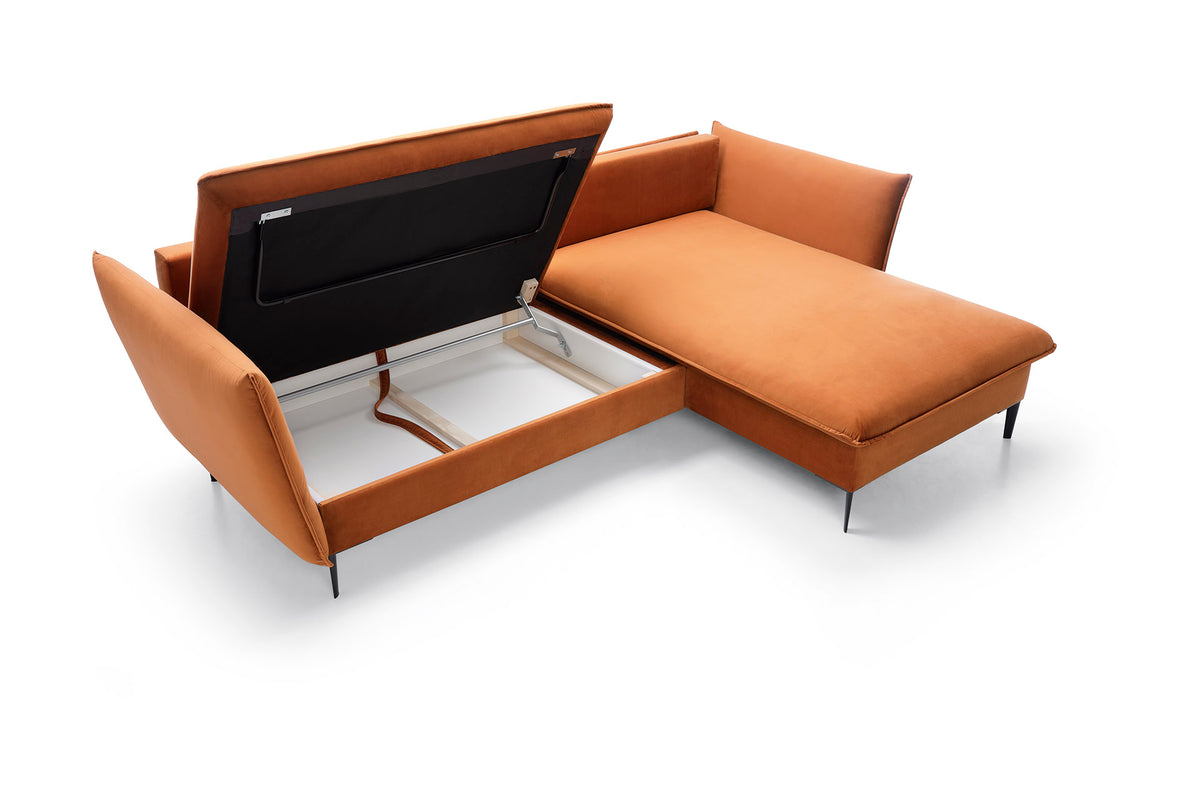 Colțar extensibil modern cu ladă de depozitare pentru living 258 cm, tapițat în material catifelat, picioare metalice negre și extensie 140x220 cm, design elegant contemporan ISALDA