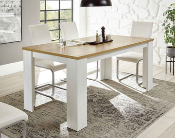 Masă 180 cm, alb-maro, blat dreptunghiular, design modern pentru dining sau living, spațioasă și elegantă