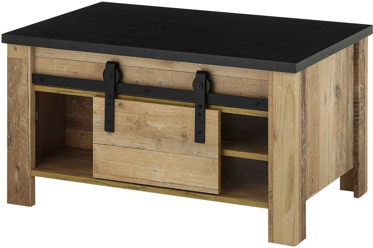 Masuta de cafea dreptunghiulara cu usa, compartimente si raft, MDF cu blat din lemn, culoare maro-negru, 93 cm, design modern si spatiu eficient de depozitare pentru living