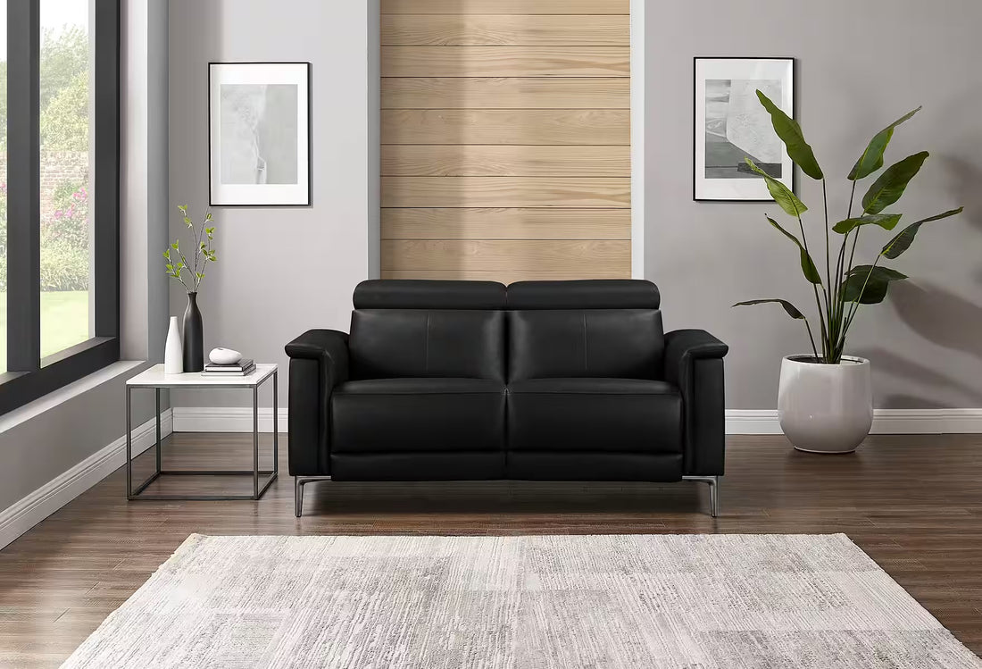 Canapea cu recliner modernă 2 locuri pentru living 160 cm, tapițată în piele ecologică neagră, funcție manuală relax, design confortabil contemporan