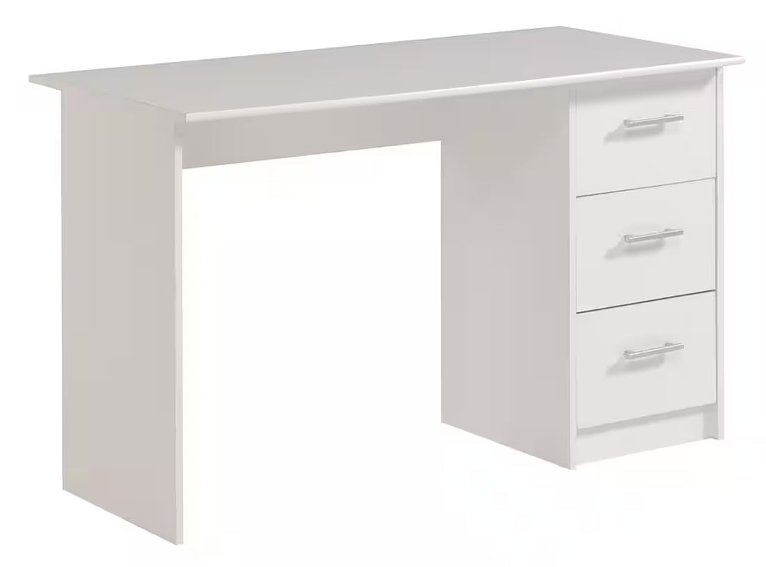 Birou de 121 cm latime, 3 sertare, culoare alb alpin, inaltime 75 cm