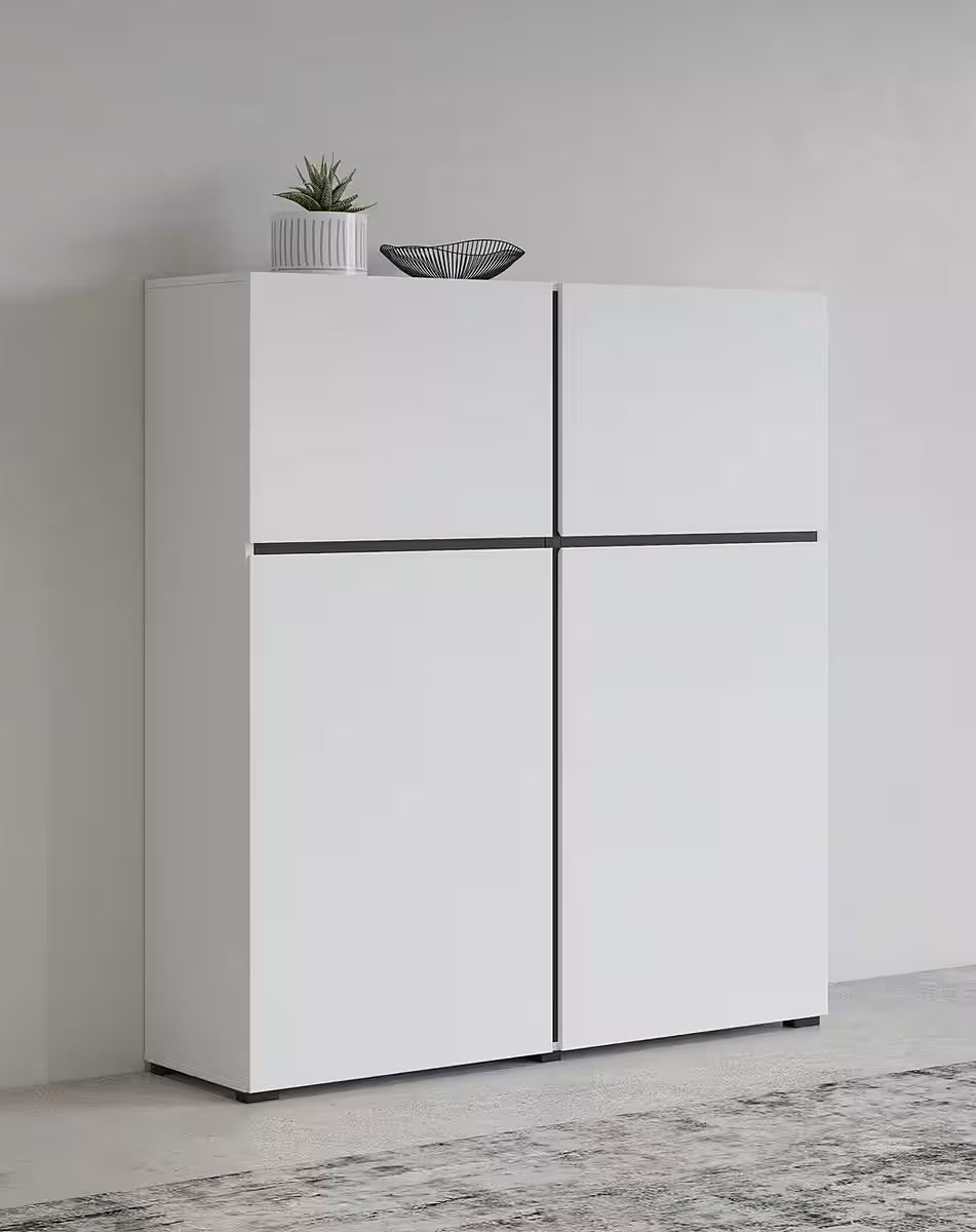 Comodă alb negru 120 cm cu 4 uși și rafturi, design modern pentru depozitare living