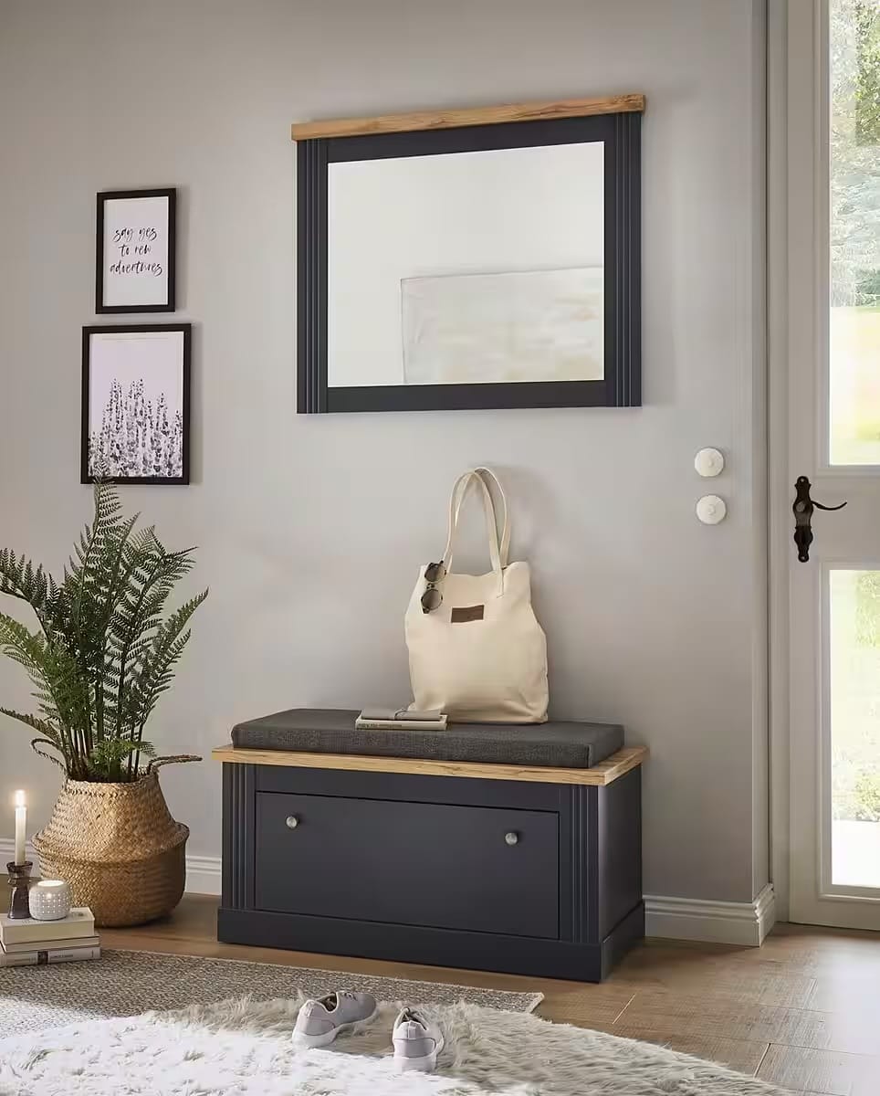 Oglindă 90 cm, design modern gri antracit cu stejar, MDF și sticlă, ideală pentru hol sau baie, 73 cm înălțime