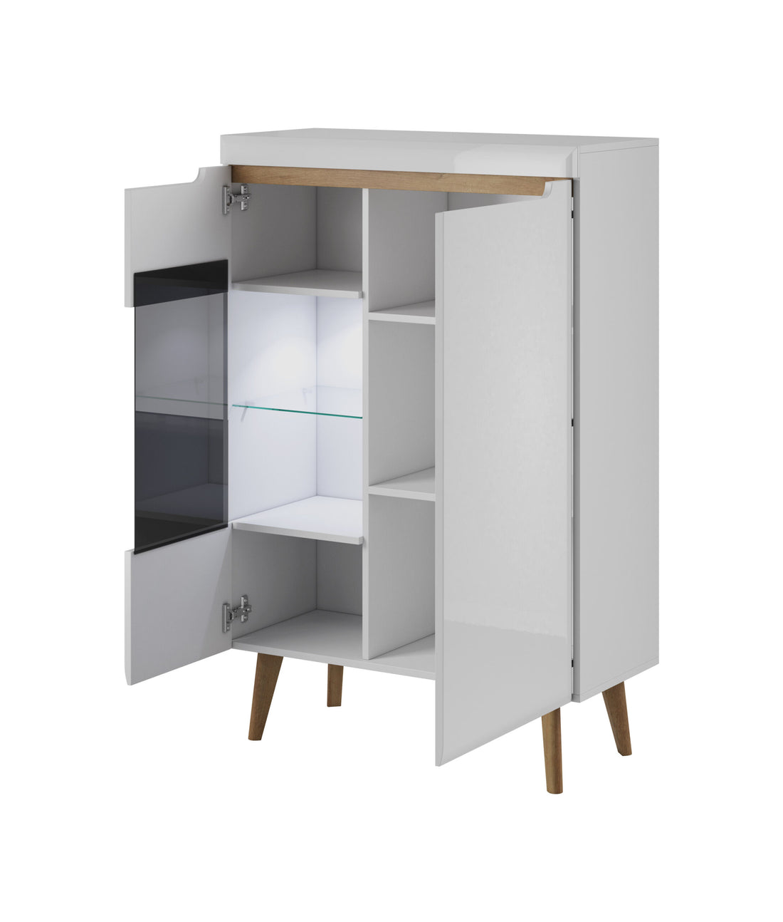 Vitrină living modernă 90 cm cu uși și rafturi, iluminare LED, MDF și PAL, alb lucios cu inserții stejar, picioare lemn masiv DOLOMITES
