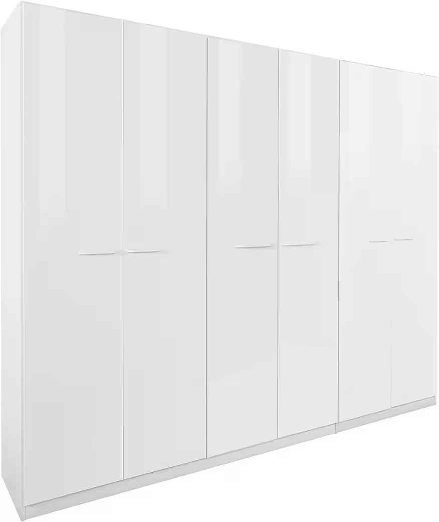 Dulap 271 cm lățime, 6 uși batante, compartimentare premium cu 11 rafturi, culoare alb lucios, material PAL, 229 cm înălțime, design modern pentru dormitor
