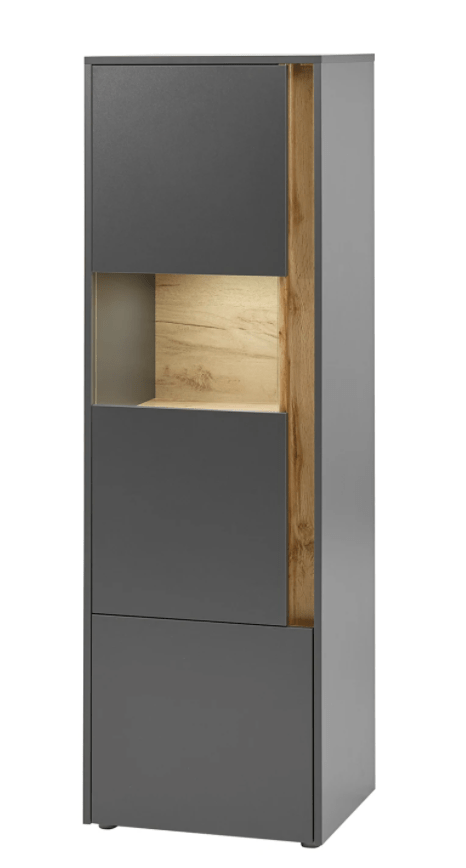 Vitrină modernă gri mat cu accente lemn, design elegant și minimalist, spații deschise și închise pentru depozitare și expunere, ideală pentru living sau birou