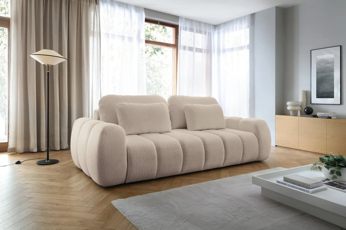 Canapea extensibilă 4 locuri, design rotunjit premium, cu ladă depozitare, arcuri și spumă de densitate inalta, 259 cm lungime BILLY