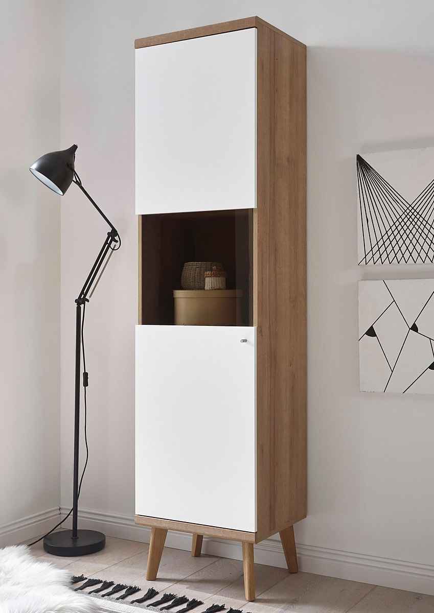 Vitrină modernă 197 cm, culoare alb-maro, 1 ușă și 4 rafturi, 5 compartimente, design înalt și elegant pentru depozitare eficientă și expunere în living