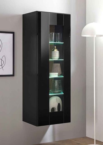 Vitrină modernă 131 cm, culoare negru, 1 ușă și 4 rafturi, 5 compartimente, design compact și elegant pentru depozitare și expunere