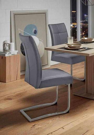 Scaun dining gri deschis, imitație piele, 100 cm inaltime, șezut 49 cm, design modern confortabil pentru bucătărie sau living