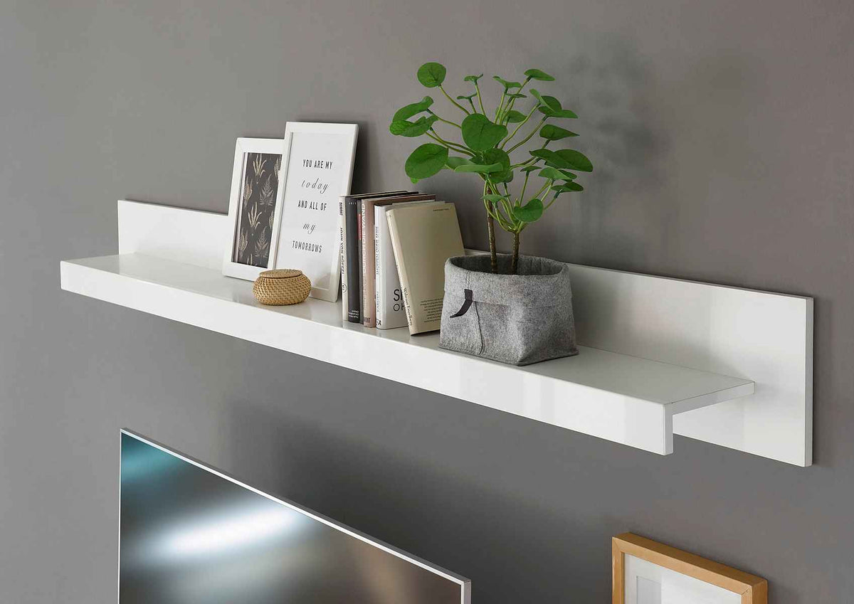 Etajeră 198 cm lățime, alb, raft suspendat din MDF, design minimalist pentru living, dormitor sau birou