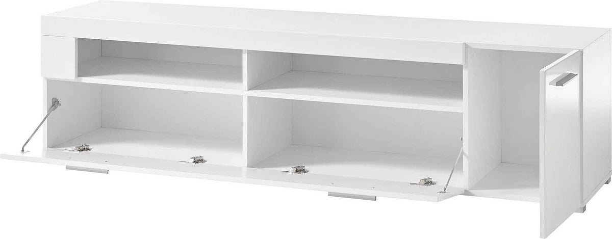 Comodă TV albă 180 cm cu 2 uși și 5 compartimente, design modern pentru living, spațiu generos pentru depozitare și media, înălțime 48 cm