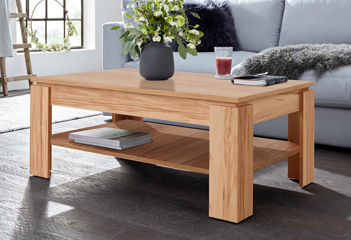 Masuta de cafea dreptunghiulara cu raft inferior, MDF, culoare maro, 110 cm, design simplu si functional cu spatiu generos de depozitare pentru living