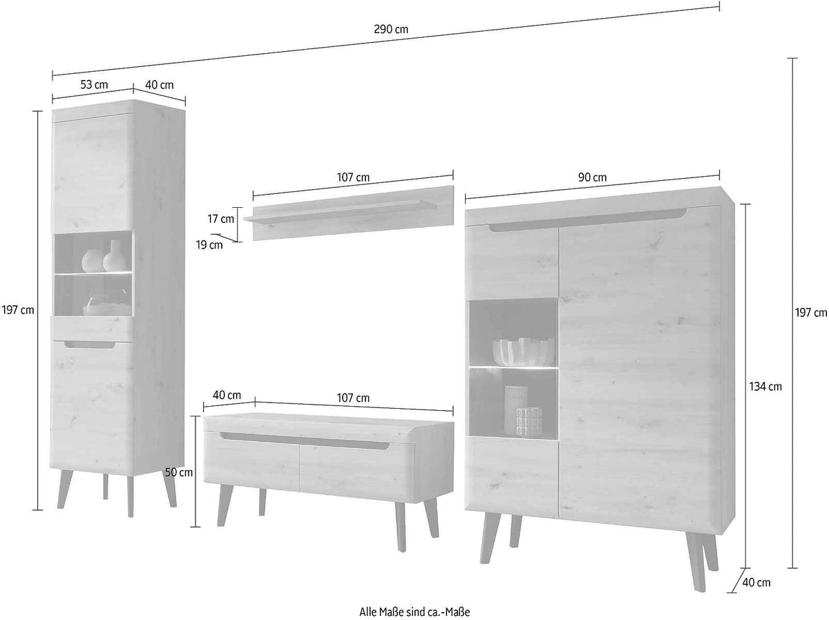 Set living cu vitrine, comodă și etajeră, 290 cm, culoare maro-negru, design modern și spațiu generos de depozitare pentru living