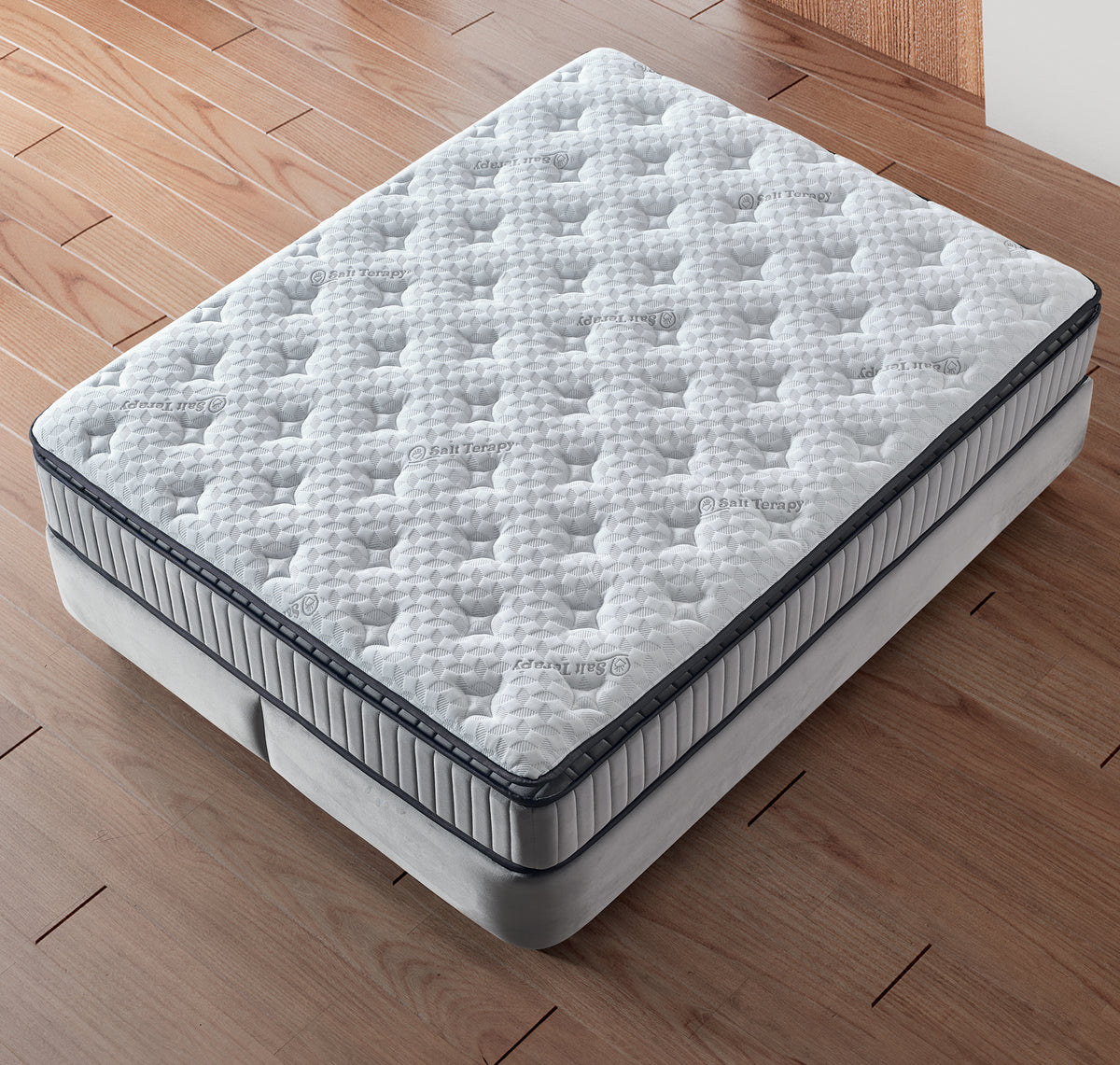 Pat Boxspring FALLONE cu ladă de depozitare, structură metalică, material și saltea premium cu topper integrat