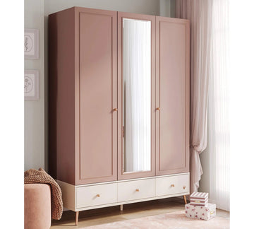 Dulap 145 cm, 3 uși cu oglindă, stil modern romantic, roz pudră și alb ivoire, 3 sertare, bară haine și rafturi, design elegant PEARL