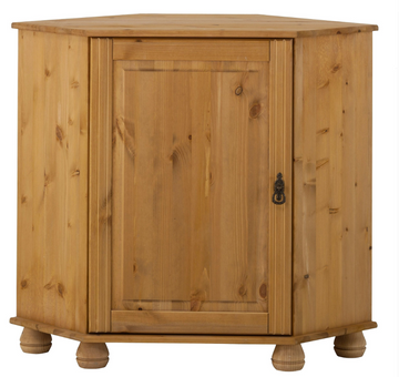 Comodă de colț din lemn masiv pin 90 cm cu ușă și raft, finisaj natural ceruit și mânere alamă antică, design rustic pentru living sau hol, înălțime 80 cm