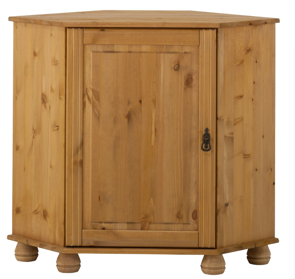 Comodă de colț din lemn masiv pin 90 cm cu ușă și raft, finisaj natural ceruit și mânere alamă antică, design rustic pentru living sau hol, înălțime 80 cm