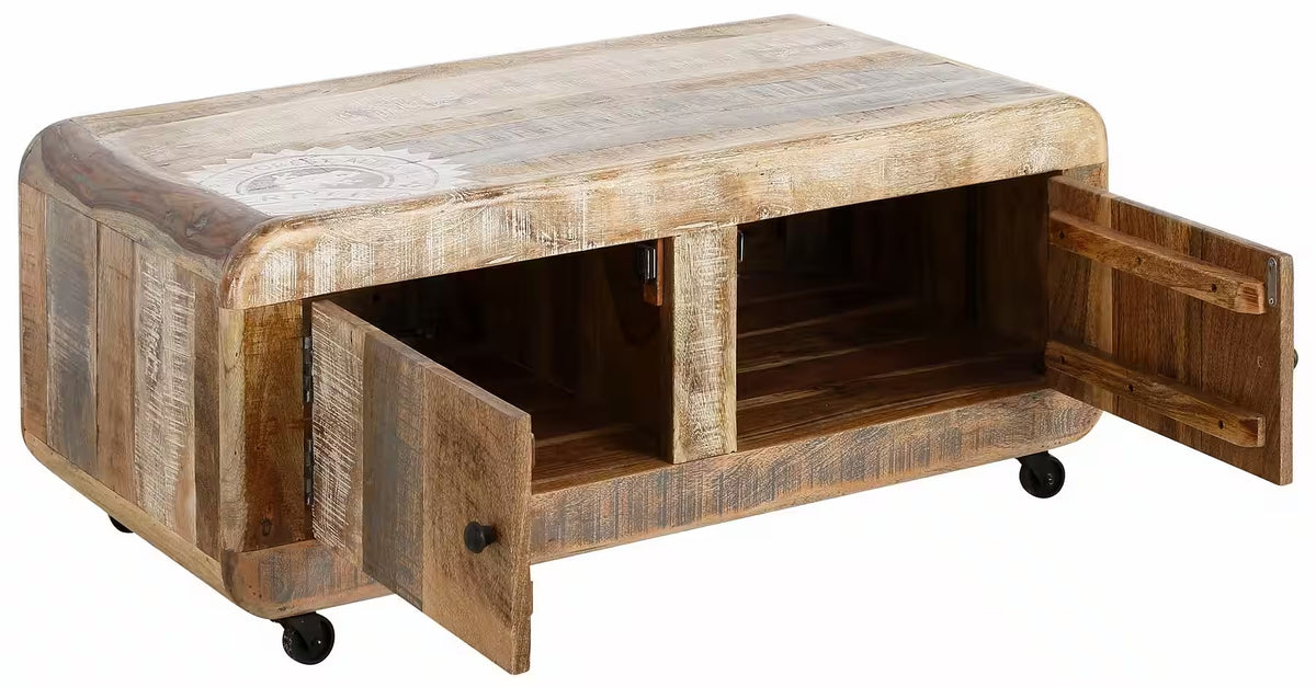 Măsuță de cafea vintage cu rotile, material lemn masiv de mango, 110 cm lungime
