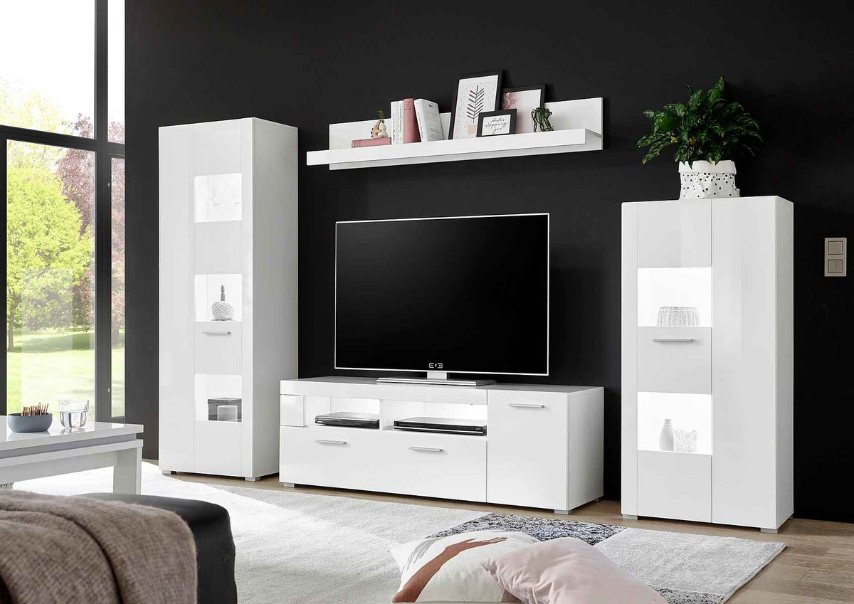 Vitrină modernă 170 cm, culoare alb, 1 ușă și 3 rafturi, 4 compartimente, design înalt și elegant pentru depozitare și expunere în living