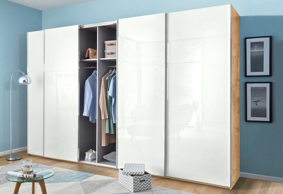 Dressing 350 cm lățime, 4 uși glisante, culoare alb alpin / stejar, 236 cm înălțime, compartimentare practică pentru dormitor