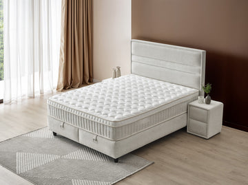 Pat Boxspring ASTRA cu ladă de depozitare, structură metalică, material si saltea premium cu topper integrat