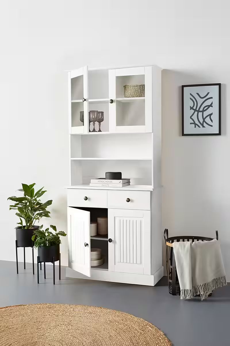 Bufet lemn masiv pin alb rustic 80 cm cu 4 uși, 2 sertare și rafturi, mobilier stil farmhouse pentru living sau dining VENETIA