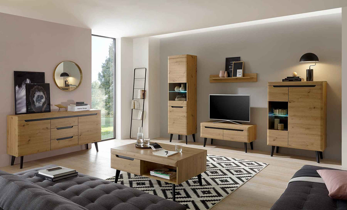 Set living cu vitrine, comodă și etajeră, 290 cm, culoare maro-negru, design modern și spațiu generos de depozitare pentru living