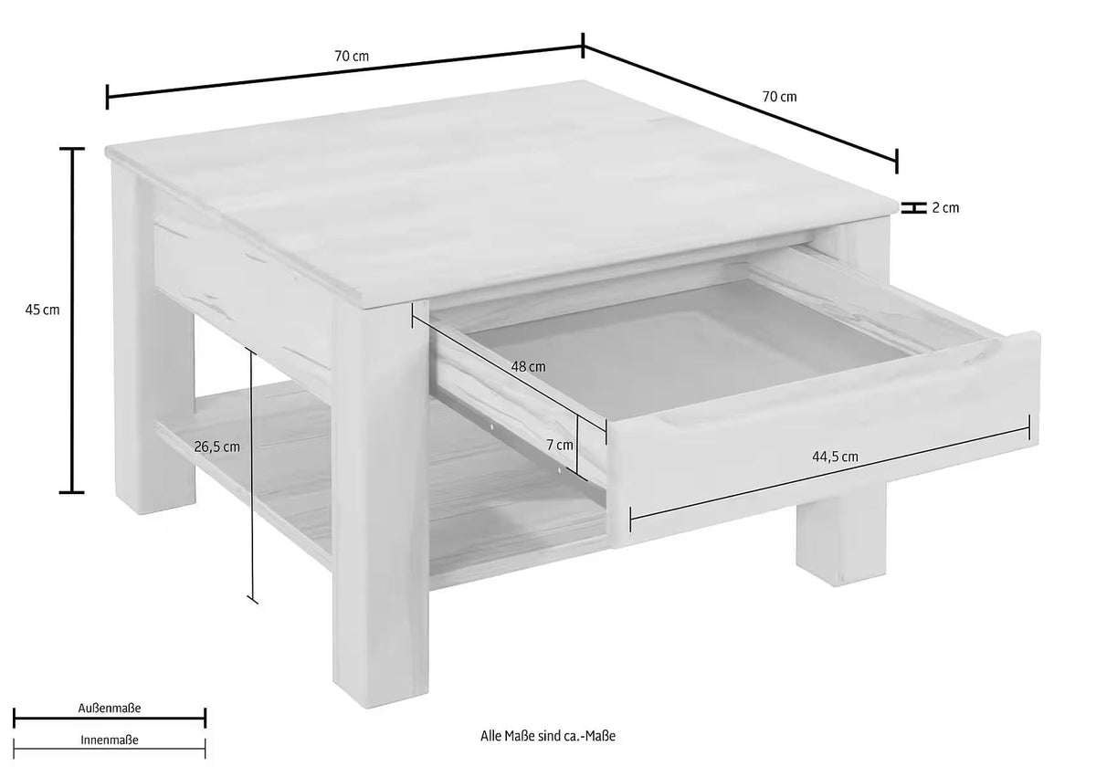 Masuta de cafea patrata cu sertar si raft, MDF, culoare maro deschis, 70 cm, design compact si functional cu spatiu practic de depozitare pentru living