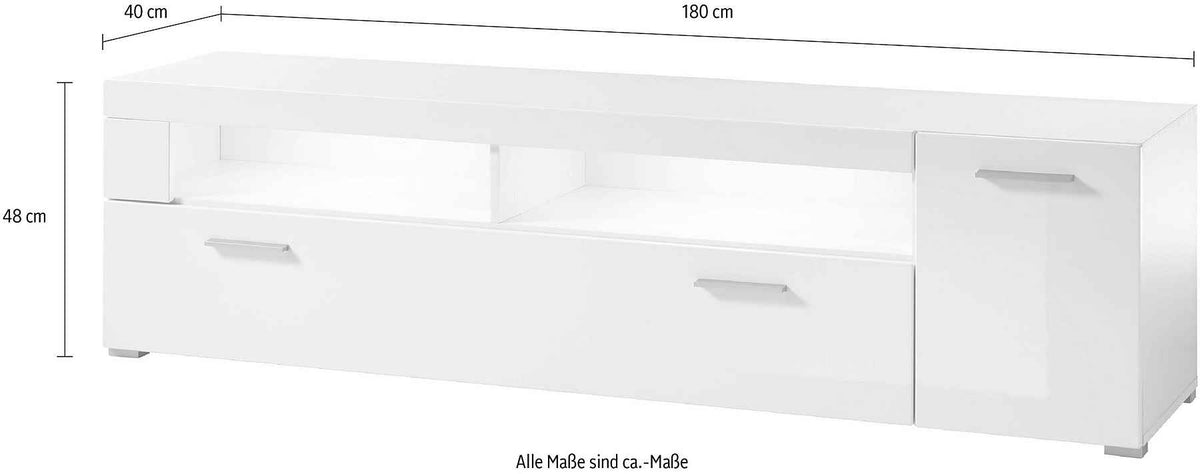 Comodă TV albă 180 cm cu 2 uși și 5 compartimente, design modern pentru living, spațiu generos pentru depozitare și media, înălțime 48 cm