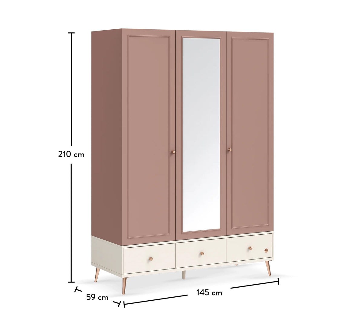 Dulap 145 cm, 3 uși cu oglindă, stil modern romantic, roz pudră și alb ivoire, 3 sertare, bară haine și rafturi, design elegant PEARL