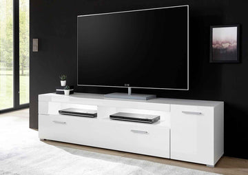 Comodă TV albă 180 cm cu 2 uși și 5 compartimente, design modern pentru living, spațiu generos pentru depozitare și media, înălțime 48 cm
