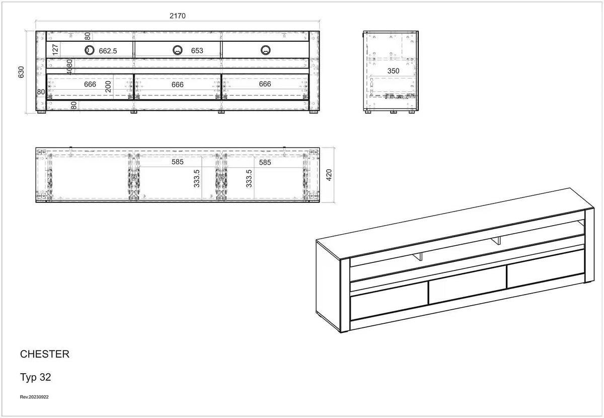 Comodă TV albă 217 cm cu 3 sertare și compartimente, fronturi MDF, design modern pentru living