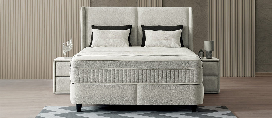 Pat Boxspring DIANA cu ladă de depozitare, structură metalică, material si saltea premium cu topper integrat