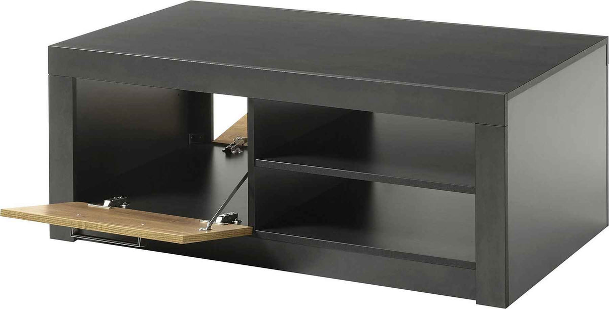 Masuta de cafea dreptunghiulara cu usi si raft, fronturi MDF si corp PAL, culoare maro-negru, 110 cm, design modern cu spatiu eficient de depozitare pentru living